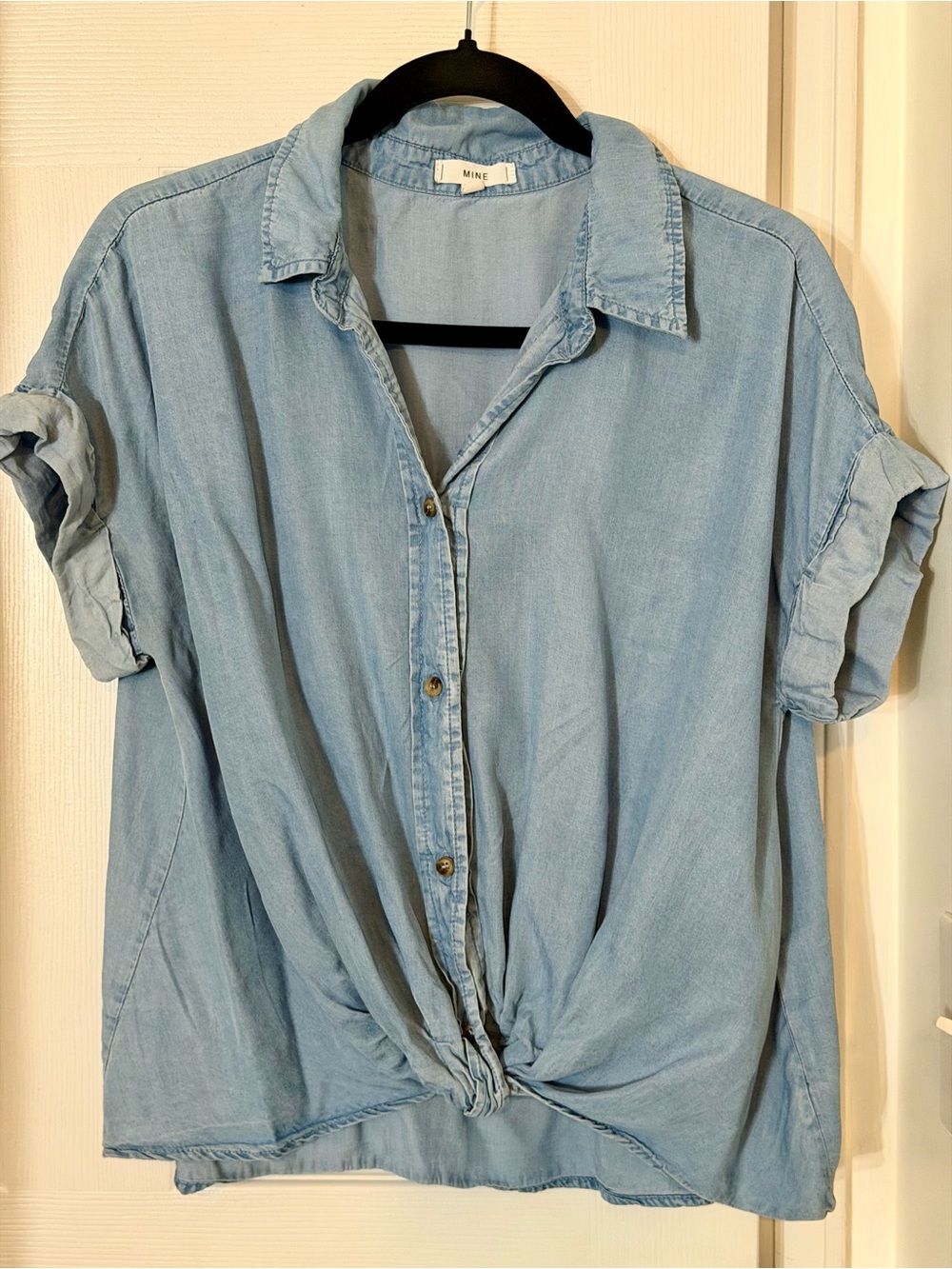 MINE Light Blue Short Sleeve Button-Front Knotted Denim Shirt